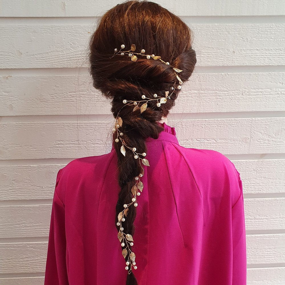 Hårkæde i sølv med blade og perler - Hårpynt med blomster og perler til bryllup, konfirmation og fest