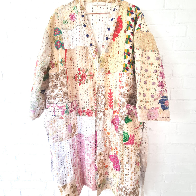 Kantha patchwork jakke - lang - Hårpynt med blomster og perler til bryllup, konfirmation og fest