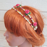 Dobbelt hårbøjle med pink blomster - Hårpynt med blomster og perler til bryllup, konfirmation og fest
