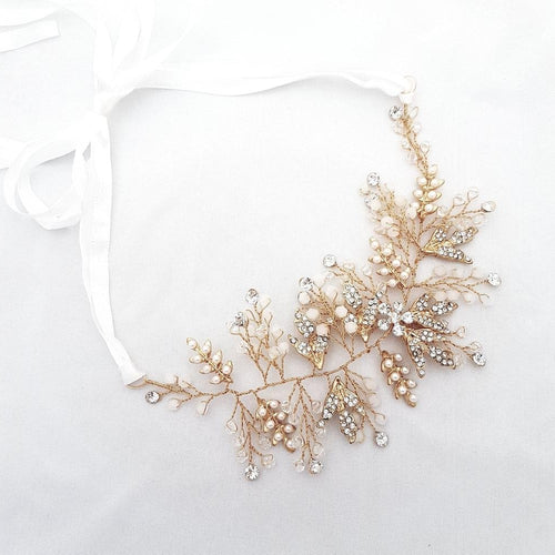 Flot hairpiece i guld og krystal - Hårpynt med blomster og perler til bryllup, konfirmation og fest