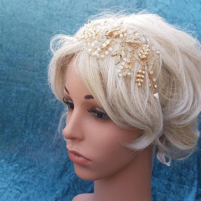Flot hairpiece i guld og krystal - Hårpynt med blomster og perler til bryllup, konfirmation og fest