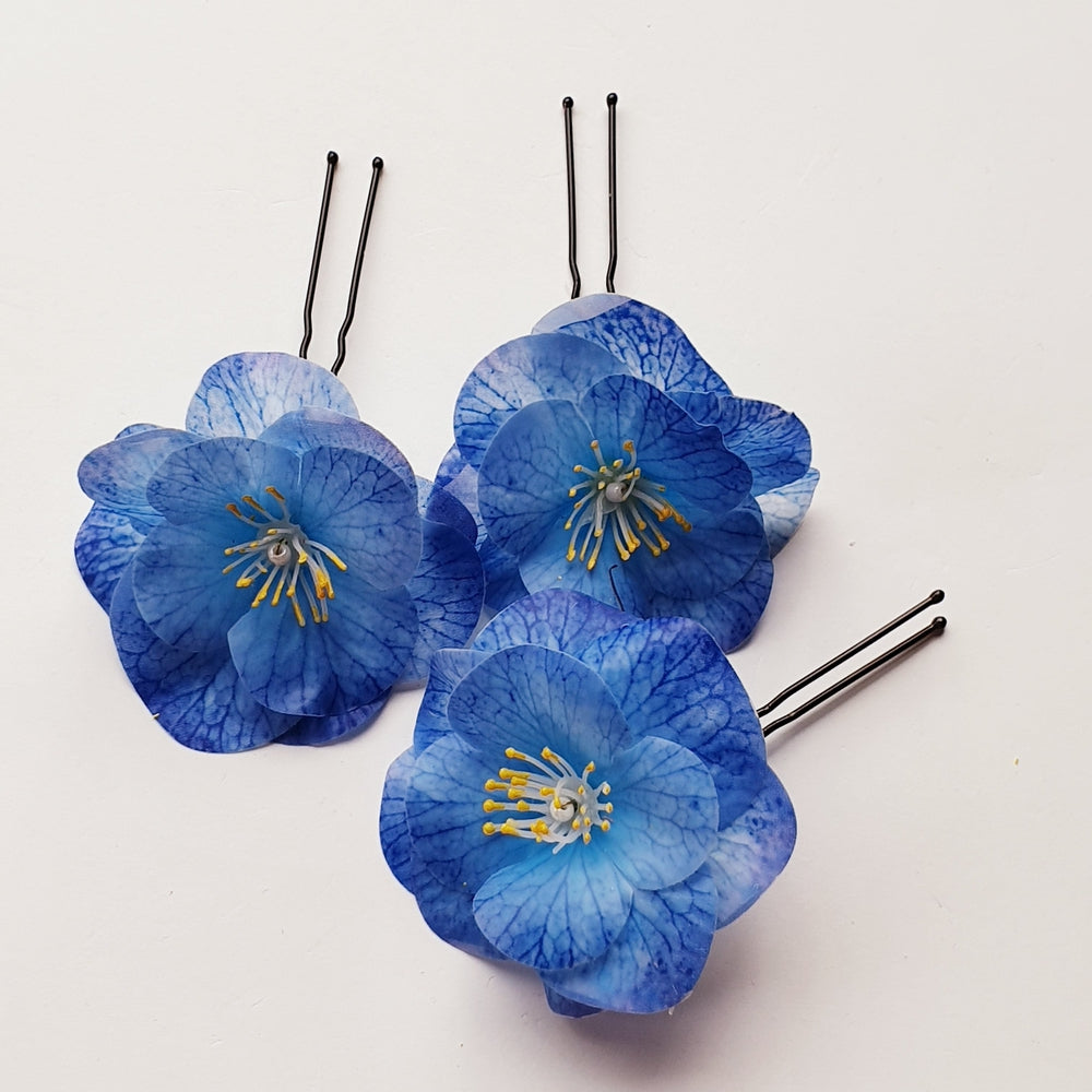 Sæt med 3 blå japanske kirsebærblomster - Hårpynt med blomster og perler til bryllup, konfirmation og fest