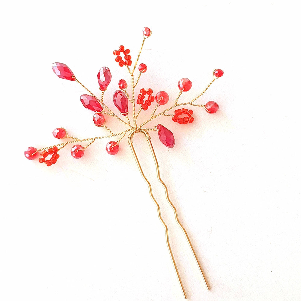 Hårnål med røde perler - Hårpynt med blomster og perler til bryllup, konfirmation og fest