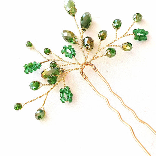 Hårnål med grønne perler - Hårpynt med blomster og perler til bryllup, konfirmation og fest