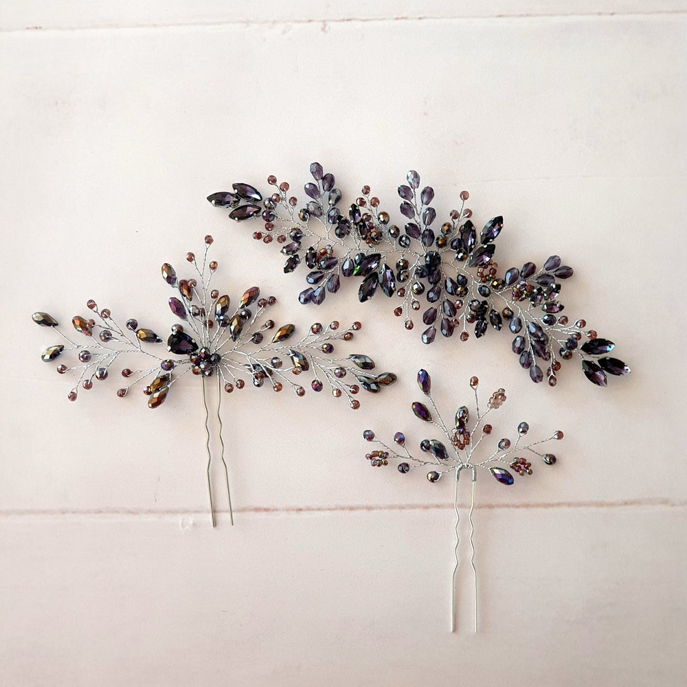 Hårnål med violette perler - Hårpynt med blomster og perler til bryllup, konfirmation og fest