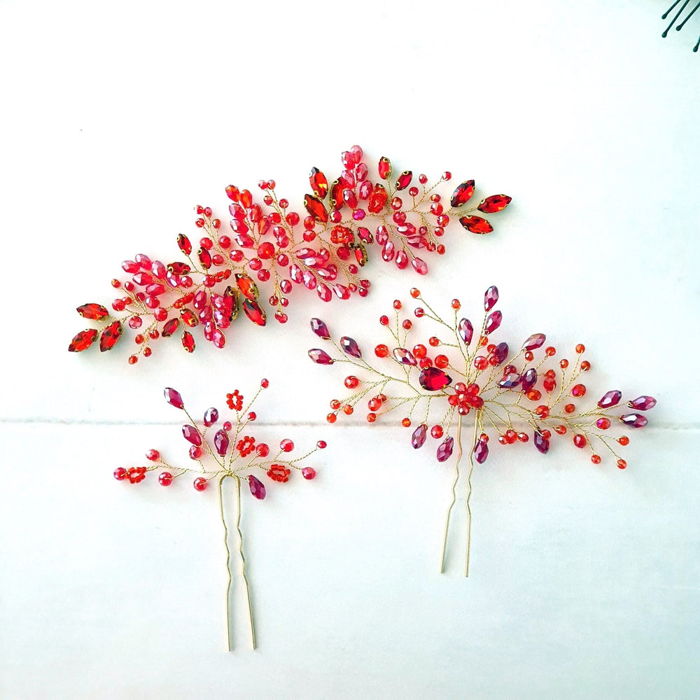 Hårsmykke med røde perler - Hårpynt med blomster og perler til bryllup, konfirmation og fest