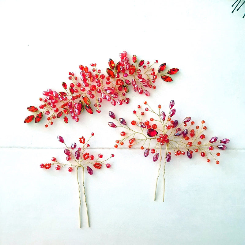 Hårnål med røde perler - Hårpynt med blomster og perler til bryllup, konfirmation og fest