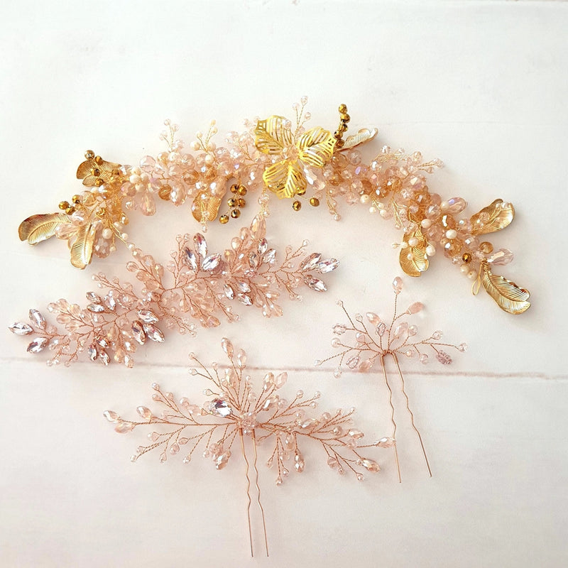 Hårnål med perler i rosegold og lyserød - Hårpynt med blomster og perler til bryllup, konfirmation og fest