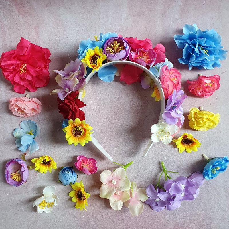 Lav din egen hårbøjle - pangfarver - Hårpynt med blomster og perler til bryllup, konfirmation og fest