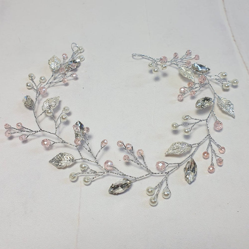 Super fin hårkæde med rosa krystaller - vælg mellem guld og sølv - Hårpynt med blomster og perler til bryllup, konfirmation og fest