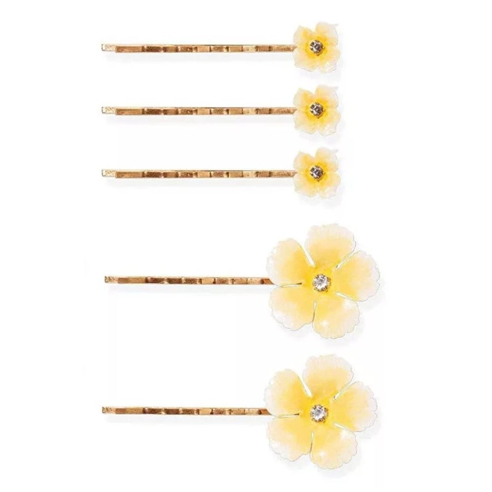 Sæt med 5 gule blomster - Hårpynt med blomster og perler til bryllup, konfirmation og fest