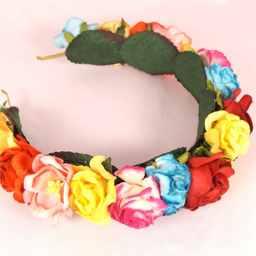 Custommade farverig blomsterkrans inspireret af Frida Kahlos farver - Hårpynt med blomster og perler til bryllup, konfirmation og fest