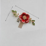 Smuk hårkam i metal med rød blomst - Hårpynt med blomster og perler til bryllup, konfirmation og fest