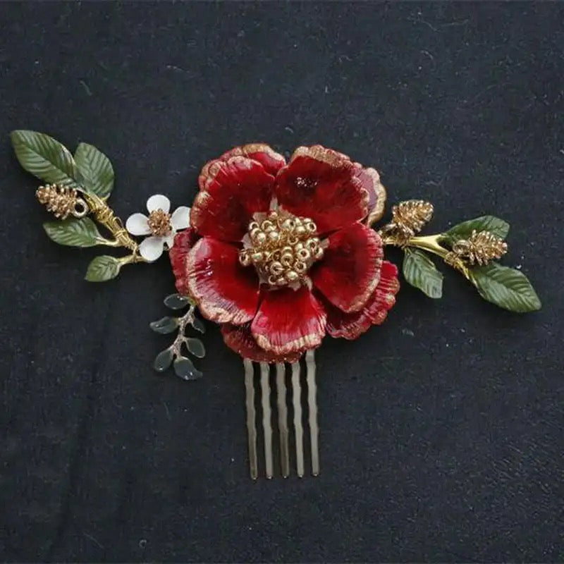 Smuk hårkam i metal med rød blomst - Hårpynt med blomster og perler til bryllup, konfirmation og fest