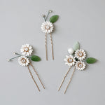 Sæt med tre hårnåle - Hårpynt med blomster og perler til bryllup, konfirmation og fest