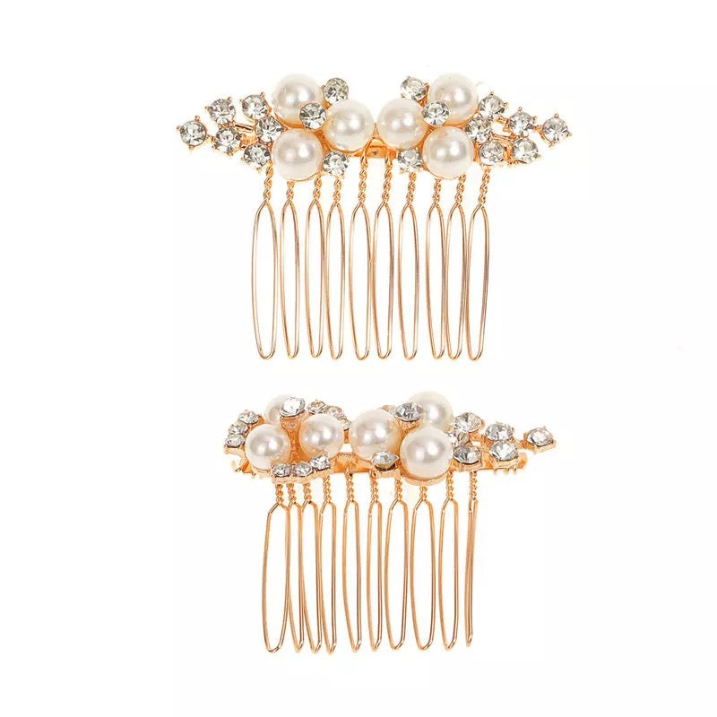 2 små hårkammen med diamanter - Hårpynt med blomster og perler til bryllup, konfirmation og fest